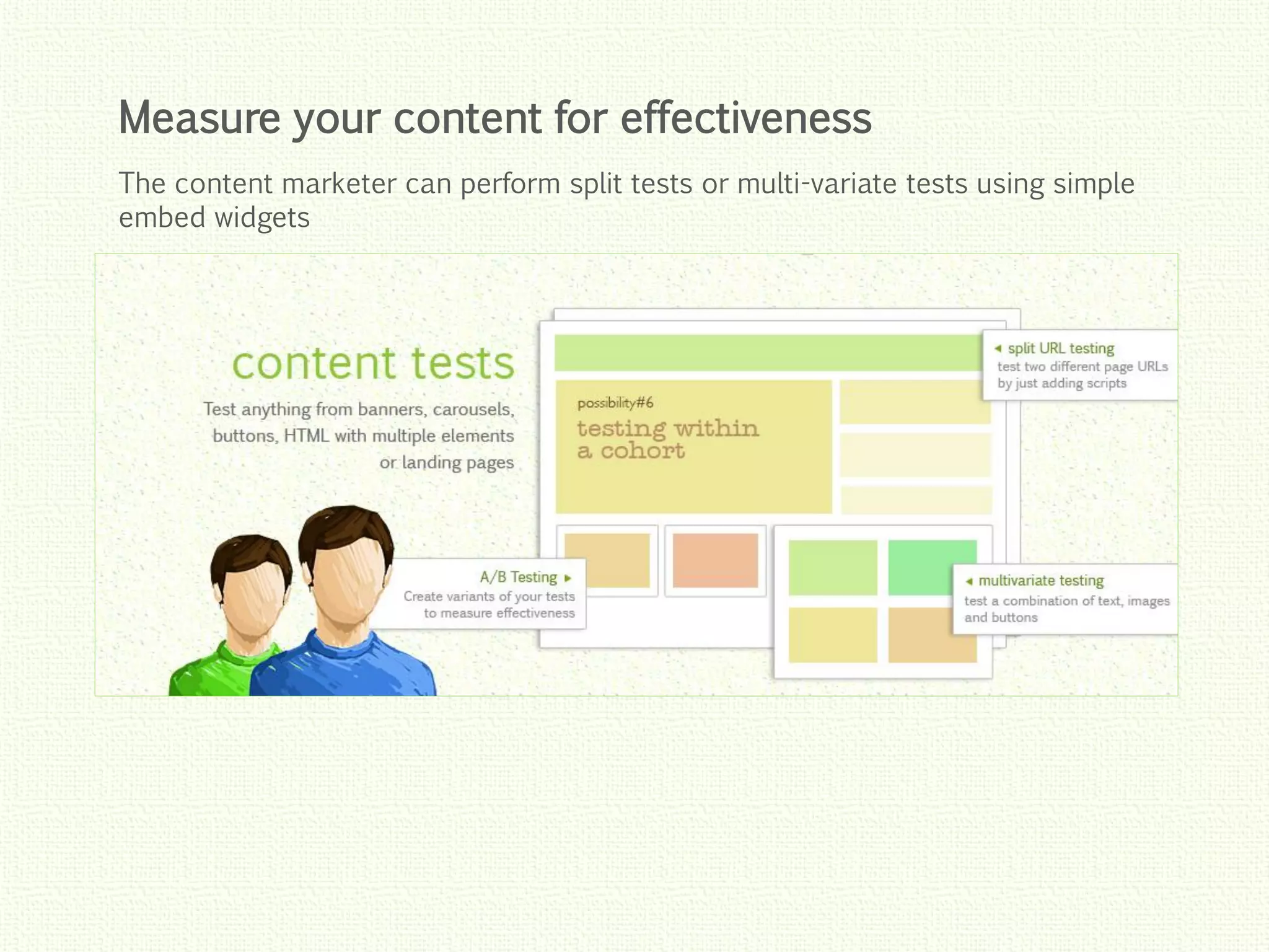 Click to edit Master title style
Click to edit Master title style
Click to edit Master title style
Click to edit Master title style
Click to edit Master title style
The content marketer can perform split tests or multi-variate tests using simple
embed widgets
Measure your content for effectiveness
 