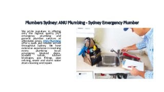 We pride ourselves in offering
only the highest quality 24/7
emergency plumbing and
general plumber services at
affordable prices. ANU Plumbing
offer a quick and reliable service
throughout Sydney. We have
extensive experience in resolving
every plumbing issue:
emergency blocked drains,
blocked toilets, kitchen
blockages, gas fittings, pipe
relining, sewer and storm water
drain cleaning and repairs
 