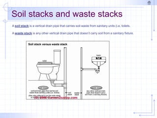 A soil stack is a vertical drain pipe that carries soil waste from sanitary units (i.e. toilets.
A waste stack is any other vertical drain pipe that doesn’t carry soil from a sanitary fixture.
Soil stacks and waste stacks
 