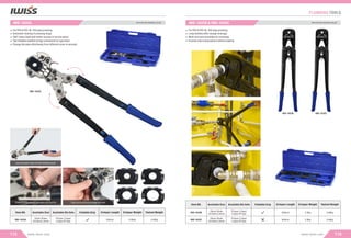 IWS-1632A
Crimper Length
Item NO.
IWS-1632A
Available Size Available Die Sets Foldable Grip
For PEX & PEX-AL-PEX pipe pressing
Automatic locking of pressing tongs
360°rotary head with better access in narrow space
Two foldable handles brings convenient for operation
Change the jaws effortlessly from different sizes in seconds
Crimper Weight Toolset Weight
PAP & PEX PIPE PRESSING TOOLSET
IWS-1632A
115 www.iwiss.com
Less strength required with foldable grips
Pressure adjustment increases service life Easy and quick to exchange die sets
16mm,20mm,
25/26mm,32mm
TH type / U type/
H type/ RF type
550mm 2.95Kg 4.83Kg
For PEX & PEX-AL-PEX pipe pressing
Long handles offer enough leverage
Multi size jaws available for exchange
Provide solid compression without leaking
IWS-1632C
IWS-1632B
Crimper Length
Item NO.
IWS-1632B
Available Size Available Die Sets Foldable Grip Crimper Weight Toolset Weight
IWS-1632C
16mm,20mm,
25/26mm,32mm
TH type / U type/
H type/ RF type
16mm,20mm,
25/26mm,32mm
TH type / U type/
H type/ RF type
600mm
600mm
2.8Kg
2.8Kg
4.66Kg
4.66Kg
PLUMBING TOOLS
116
www.iwiss.com
PAP & PEX PIPE PRESSING TOOLSET
IWS-1632B & IWS-1632C
 
