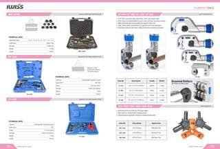 IWS-1232H
FS-1632
FT-1225
REHAU TYPE
Expansion Heads:
16,20,25,32mm
TECHNICAL DATA
Expanding range
Application
Package
Weight
Length
,⅜”,½”,⅝”,¾”,⅞”,1-⅛”,1-⅜”,1-⅝”
Copper Tube
Plastic box
5.35Kg
235mm
5
16
Application
Range
Package
Weight
Length
PEX, PAP
16,20,25,32mm
Plastic carrying box
7.5Kg
415mm
TECHNICAL DATA
Features Customizable expansion heads
Application
Range
Package
Weight
Length
PEX,
12,16,20,25mm
Plastic carrying box
2.8Kg
251mm
TECHNICAL DATA
Features Exchangeable compression jaws
HYDRAULIC PAP & PEX TUBING EXPANDING TOOLSET
FS-1632
MANUAL PAP & PEX TUBING EXPANDING TOOLSET
FT-1225
121 www.iwiss.com
HYDRAULIC COPPER TUBING EXPANDING TOOLSET
IWS-1232H
Item NO. Description
IWC-1625 16/20/25mm
IWS-1625 16/20/25mm
IWS-2032 20/25/32mm
Removes burrs from PEX-AL-PEX pipe edges
Main body is constructed of durable plastic
Internal deburring blade is made of hardened alloy steel
Grooved Rollers
for close-to-ﬂare cuts
Item NO. Description Length Weight
CT-670 For ¼"-2¾"(6-70mm)
CT-650
CT-532 For ³⁄ "-1¼"(5-32mm)
CT-428 For ³⁄ "-1¹⁄ "(4-28mm)
Cuts CSST, stainless steel, aluminum, brass, and copper tube
Ultra-sharp cut wheel features quick, easy, and high-accuracy cutting
Multi ball bearings bring smooth and close-to-ﬂare cuts
High-quality steel construction for superior corrosion resistance
Ergonomic adjust knob helps cutting tubing more quickly and easily
CT-670
CT-650
CT-532
CT-428
Application
Multilayer Pipe
Multilayer Pipe
Multilayer Pipe
16
16 8
For ¼"-2"(6-50mm) 0.52Kg
0.37Kg
0.20Kg
190mm
150mm
90mm
1.00Kg
260mm
TUBING CHAMFER TOOL
IWC-1625 / IWS-1625 / IWS-2032
ROLLER TYPE TUBE CUTTER
CT-670 / CT-650 / CT-532 / CT-428
PLUMBING TOOLS
122
www.iwiss.com
 