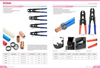 Length Weight
Item NO.
IWS-C125
Available Size
IWS-C1
IWS-C34
IWS-C12
IWS-C125
Meets ASTM F1807 standard
Applicable to copper rings
Well-polished jaws ensure no damage to copper rings
Non-slip grips for easy operation
Go/No Go gauge included
ASTM F1807 is standard speciﬁcation for metal insert ﬁttings utilizing a copper
crimp rings for SDR9 cross-linked Poleythylene (PEX) pipe. The assemblies can be
used in 100 psi cold- and hot-water distribution system operating at temperatures
up to, and including, 180°F. It included the requirements for material and
dimensional of ﬁttings and crimp rings; requirements for compression of the
copper rings, which are extensively applied in residential and commercial, hot-
and cold-water distribution systems, snow and ice melting systems, geothermal
ground loops, district heating, turf conditioning, compressed air distribution and
building services pipe.
IWS-C1
IWS-C34
IWS-C12
REGULAR COPPER RINGS CRIMPER
IWS-C SERIES CRIMPING TOOLS
097 www.iwiss.com
520mm
385mm
375mm
375mm
1¼"
1"
¾"
½"
Go/No-Go Gauge
Material
High carbon steel
High carbon steel
High carbon steel
High carbon steel
2.30Kg
1.40Kg
1.36Kg
1.32Kg
PLUMBING TOOLS
098
www.iwiss.com
DUAL COPPER RINGS CRIMPER
IWS-1234P / IWS-1234PS
Length Weight
330mm
Item NO.
IWS-1234PS 1.25Kg
Available Size
1/2",3/4"
Go/No-Go Gauge
390mm
IWS-1234P 1.30Kg
1/2",3/4"
Meets ASTM F1807 standard
Well-polished jaws ensure no damage to copper rings
Scientiﬁc structural design requires less strength
Constructed of durable steel ensure an integrated mechanical property
Ergonomic handles provide increased feeling and usability
Go/No Go gauge included
IWS-1234PS IWS-1234P
Well-polished jaw Adjustable High carbon steel Ergonomic handles
Pre-Crimping
Material
High carbon steel
High carbon steel
 