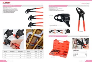 CL 1/2
CL 3/4
CL 1
Length Weight
Item NO.
CL 1
CL 3/4
CL 1/2
Meets ASTM F1807 standard
Angled design for easy to access in conﬁned area
Smooth polished jaw ensure no damage to ﬁttings
Made of high carbon steel with corrosion-resistance
Factory-adjusted with calibration function
Labor saving compared to regular tool
ANGLED COPPER RINGS CRIMPER
CL SERIES CRIMPING TOOLS
099 www.iwiss.com
370mm
270mm
270mm
1.3Kg
1.0Kg
1.0Kg
Available Size
1"
¾”
½”
Folding Handle Material
High carbon steel
High carbon steel
High carbon steel
PLUMBING TOOLS
100
www.iwiss.com
ANGLED DUAL COPPER RINGS CRIMPER
IWS-1234W
ANGLED DUAL COPPER RINGS CRIMPER SET
IWS-1234W KIT
Smart angle design helps to reach into small corner and
makes the pipe installation easier.
Gradient 30º
Meets ASTM F1807 standard
Smart head design for access in conﬁned area
Dual crimper for size 1⁄2" & 3⁄4"
Labor and cost saving tool for plumbing installation
IWS-1234W
ITEM INCLUDES
IWS-1234W 1PC
1/2" Copper rings 20PCS
3/4" Copper rings 10PCS
PEX Cutter 1PC
Go/No Go gauge 1PC
IWS-1234W KIT
 