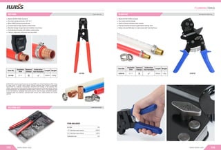 Meets ASTM F2098 standard
One tool clamps all sizes: 3/8” to 1”
Wire EDM Cutting processed jaw
Constructed of high-quality carbon steel
Ratchet design brings fast and reliable connection
Environment friendly soft rubber coated grips
Factory-adjusted,calibration tool provided
KG1096
Remove
Clmaps
Item NO.
Available
Size Length Weight
KG1096
ASTM F2098 is standard speciﬁcation for securing SDR9 Cross-linked Polyethylene (PEX) Tubing
to metal insert or plastic insert ﬁttings utilizing stainless steel clamps.It prescribed
requirements for materials, workmanship, dimensions and marking of the stainless steel
clamps; requirements for deforming the clamps and speciﬁcations of the insert ﬁttings. Covered
by this speciﬁcation, the assemblies can afford 100 psi ,and up to 180 °F. The clamps are used
in, but not limited to, residential and commercial, hot- and cold-water distribution systems,
reclaimed water, ﬁre protection, municipal water service lines, radiant heating and cooling
systems.
ITEM INCLUDES
KG1096 1PC
1/2" Stainless steel clamps 20PCS
3/4" Stainless steel clamps 10PCS
Calibration tool 1PC
Calibration
Tool Included
300mm 0.65Kg
CLAMP CINCH TOOLSET
KG1096-KIT
CLAMP CINCH TOOL
KG1096
103
PLUMBING TOOLS
104
www.iwiss.com
www.iwiss.com
ONE-HAND HOLD CINCH TOOL
BJ0010C
⅜"-1"
Item NO. Length Weight
BJ0010C
Meets ASTM F2098 standard
One-hand ratchet design
Used to clamp stainless steel clamps
Precise internal structure guarantees leaking-free
Helps connect PEX pipe in close areas with minimal force
BJ0010C
245mm 1.0Kg
Remove
Clmaps
Available
Size
Calibration
Tool Included
⅜"-1"
 