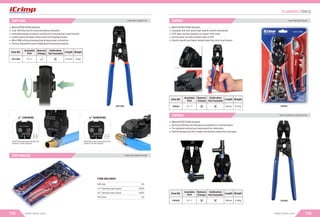 ITEM INCLUDES
CRP1096 1PC
1/2" Stainless steel clamps 20PCS
3/4" Stainless steel clamps 10PCS
PEX Cutter 1PC
CLAMP CINCH & REMOVE TOOLSET
CRP1096 Kit
CRP1096
Meets ASTM F2098 standard
Cost-effective tool for home plumbing renovation
Innovative design to satisfy cinching and removing two requirements
Constructed of durable carbon steel with forging process
Wire EDM cutting processed jaw brings proper connection
Factory-adjusted ensures integrated mechanical property
Item NO. Length Weight
CRP1096
CINCHING REMOVING
Switch the rotary knob and turn the
numeric 1 to the red point
Switch the rotary knob and turn the
numeric 2 to the red point
CLAMP CINCH & REMOVE TOOL
CRP1096
105
PLUMBING TOOLS
106
www.iwiss.com
www.iwiss.com
MINI CLAMP CINCH TOOLSET
CRP961
VERTICAL & PARALLEL CLAMP CINCH TOOL
CRP650
275mm 0.6Kg
Remove
Clmaps
Available
Size
Calibration
Tool Included
⅜"-1"
Meets ASTM F2098 standard
Vertical & Parallel permits good accessibility in conﬁned space
Pre-adjusted without any requirement for calibration
Ratchet design and self-release mechanism makes the cinch easy
CRP650
Meets ASTM F2098 standard
Equipped with one-piece high-quality ratchet mechanism
25% labor saving compares to regular cinch tools
Environment-friendly handles made of TPR
Shorter handle and lighter weight make the cinch much easier
CRP961
Remove
Item NO.
Available
Size Length Weight
LY-600N 0.63Kg
Calibration
tool included
Remove
Clmaps
Item NO.
Available
Size Length Weight
CRP961
Calibration
Tool Included
Remove
Item NO.
Available
Size Length Weight
LY-600N 0.63Kg
Calibration
tool included
Remove
Clmaps
Item NO.
Available
Size Length Weight
CRP650
Calibration
Tool Included
⅜"-1"
⅜"-1" 280mm 0.58Kg
230mm 0.47Kg
 