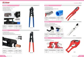COPPER RINGS REMOVAL TOOL
PEX-1210C
111 www.iwiss.com
COPPER RINGS REMOVAL TOOL
IWS-1010R
Copper rings removal tool ﬁts size 1/2”,3/4”,1”
Constructed of 40Cr steel
With superior rust resistance surface
Quick and easy to switch size
Light weight and easy to storage
PEX-1210C
Item NO. Available Size Length Weight
PEX-1210C
Item NO. Available Size Length Weight
IWS-1010R IWS-1010R
For copper ring removal
No adjustment required for different size
Multi-tempered harden blade brings easy cuts
Safely removing copper ring allows expensive brass ﬁttings reusing
LONG CUTTING BLADE HELPS REMOVE LONG FITTINGS EASILY
No damage to the ﬁtting
CUTTING DEPTH
ADJUSTABLE
½", ¾", 1"
½"-1"
240mm
240mm
0.38Kg
0.38Kg
Item NO. Max Cutting Diameter Length Weight
IWS-PPR
Cuts 1/8”~1-1/4” PEX and PEX-B pipe
High quality sharp blade made of Mn2Si60 steel
Wide Bearing surface with anti-slip
Ergonomic handle design brings comfortable hand feeling
Cuts PEX pipes upto 1⅔”
Equipped with ratchet mechanism
“V” shape groove Brings even and vertical cuts
Item NO. Max Cutting Diameter Length Weight
IWS-PPW
Item NO. Max Cutting Diameter Length Weight
IWS-05
Cuts PEX pipes from 1/8" to 1"
Constructed of stainless steel
Spring loaded handle for quick opening/fast cutting
Brings clean and burr-free cuts
IWS-PPR
IWS-PPW
IWS-05
PEX CUTTER
IWS-PPW
RATCHET TUBING CUTTER
IWS-05
PLUMBING TOOLS
112
www.iwiss.com
PEX CUTTER
IWS-PPR
1"
1¼"
1⅔”
200mm 0.16Kg
200mm 0.16Kg
198mm 0.32Kg
 