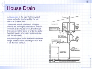 House Drain
A house drain is the pipe that receives all
waste and water discharged by the soil
stacks and waste lines.
This house drain is laid from a point just
outside the building foundation wall where it
connects to the house sewer, then through
the wall, and either along or under the cellar
floor to the point where connection with the
soil stack is made.
Before laying this drain, determine its overall
length and how much pitch to give it so that
it will drain as it should.
 