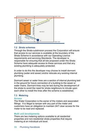 33 Plumbing Handbook
7.2 Strata schemes
Through the Strata subdivision process the Corporation will ensure
that access to our services is available at the boundary of the
Strata Scheme in accordance with our Operating Licence
requirements and servicing Standards. The developer is
responsible for ensuring that all lots proposed under the Strata
Scheme have adequate access to these services and that any
existing plumbing is adequately protected.
In order to do this the developer may choose to install dormant
plumbing (water and sewer) and/or relocate any existing internal
plumbing.
Dormant sewer or water lines are a section of internal plumbing laid
in the ground for future connection of a building to the sewer or
water mains. Dormant lines may be laid during the development of
the strata to avoid the need for strata neighbours to intrude upon
each other to install the lines after the scheme is established.
7.3 Metering
Access
The Water Corporation is the owner of the meters and associated
fittings. It is illegal to tamper with any part of the meter and
customers have an obligation to maintain 24/7 clear access for the
meter to be read and replaced.
Multi unit developments
There are two metering options available to all residential
properties and non-residential strata properties that require
metering at an individual unit level.
 