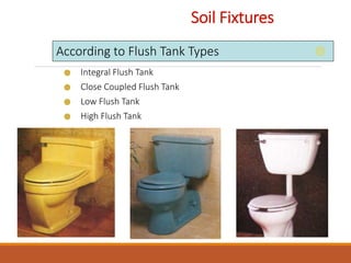 Soil Fixtures
According to Flush Tank Types
Integral Flush Tank
Close Coupled Flush Tank
Low Flush Tank
High Flush Tank
 