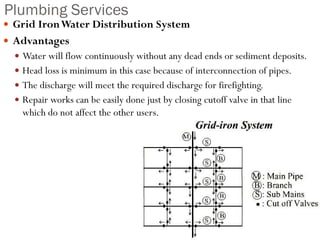 Plumbing Services
 Grid IronWater Distribution System
 Advantages
 Water will flow continuously without any dead ends or sediment deposits.
 Head loss is minimum in this case because of interconnection of pipes.
 The discharge will meet the required discharge for firefighting.
 Repair works can be easily done just by closing cutoff valve in that line
which do not affect the other users.
 