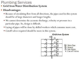 Plumbing Services
 Grid IronWater Distribution System
 Disadvantages
 Because of circulating flow from all directions, the pipes used in this system
should be of large diameters and longer lengths.
 We cannot determine the accurate discharge, velocity or pressure in a
particular pipe. So, design is difficult.
 Laying of pipes will be done by skilled workers which consume more cost.
 Cutoff valves required should be more in this system.
 