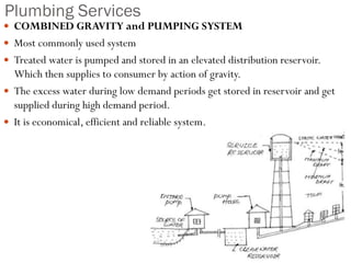 Plumbing Services
 COMBINED GRAVITY and PUMPING SYSTEM
 Most commonly used system
 Treated water is pumped and stored in an elevated distribution reservoir.
Which then supplies to consumer by action of gravity.
 The excess water during low demand periods get stored in reservoir and get
supplied during high demand period.
 It is economical, efficient and reliable system.
 