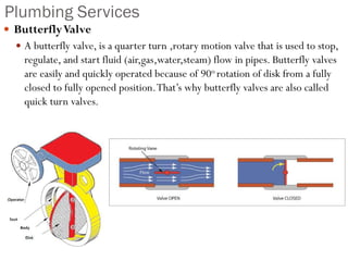 Plumbing Services
 ButterflyValve
 A butterfly valve, is a quarter turn ,rotary motion valve that is used to stop,
regulate, and start fluid (air,gas,water,steam) flow in pipes. Butterfly valves
are easily and quickly operated because of 90o rotation of disk from a fully
closed to fully opened position.That’s why butterfly valves are also called
quick turn valves.
 