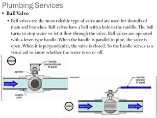 Plumbing Services
 BallValve
 Ball valves are the most reliable type of valve and are used for shutoffs of
main and branches. Ball valves have a ball with a hole in the middle.The ball
turns to stop water or let it flow through the valve. Ball valves are operated
with a lever-type handle.When the handle is parallel to pipe, the valve is
open.When it is perpendicular, the valve is closed. So the handle serves as a
visual aid to know whether the water is on or off.
 