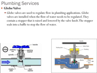Plumbing Services
 GlobeValve
 Globe valves are used to regulate flow in plumbing applications. Globe
valves are installed when the flow of water needs to be regulated.They
contain a stopper that is raised and lowered by the valve knob.The stopper
seals into a baffle to stop the flow of water.
 