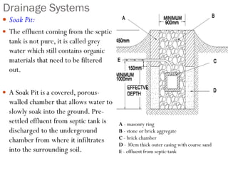Drainage Systems
 Soak Pit:
 The effluent coming from the septic
tank is not pure, it is called grey
water which still contains organic
materials that need to be filtered
out.
 A Soak Pit is a covered, porous-
walled chamber that allows water to
slowly soak into the ground. Pre-
settled effluent from septic tank is
discharged to the underground
chamber from where it infiltrates
into the surrounding soil.
A - masonry ring
B - stone or brick aggregate
C - brick chamber
D - 30cm thick outer casing with coarse sand
E - effluent from septic tank
 