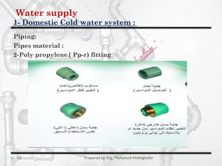 Water supply
Domestic Cold water system :-1
15 Prepared by Eng. Mohamed Abdelghafar
Piping:
Pipes material :
Pp-r) fitting(2-Poly propylene.
 