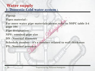 Water supply
Domestic Cold water system :-1
25 Prepared by Eng. Mohamed Abdelghafar
Piping:
Pipes material :
For more water pipe materials please refer to NSPC table 3-4
page 104
Pipe designation :
NPS : nominal pipe size
DN : Nominal diameter
Schedule number : it’s a number related to wall thickness
PN : Nominal pressure
 