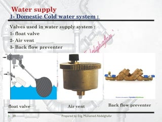 Water supply
Domestic Cold water system :-1
39 Prepared by Eng. Mohamed Abdelghafar
Valves used in water supply system :
1- float valve
2- Air vent
3- Back flow preventer
float valve Air vent Back flow preventer
 