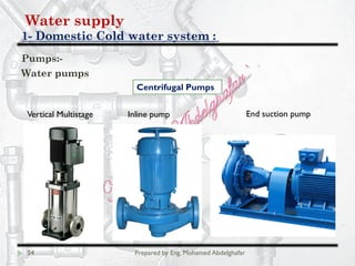 Water supply
Domestic Cold water system :-1
54 Prepared by Eng. Mohamed Abdelghafar
Pumps:-
Water pumps
Centrifugal Pumps
Vertical Multistage Inline pump End suction pump
 