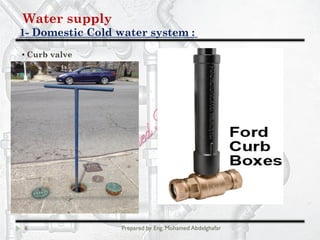 Water supply
Domestic Cold water system :-1
6 Prepared by Eng. Mohamed Abdelghafar
• Curb valve
 