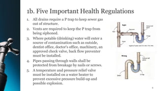 1b. Five Important Health Regulations
1. All drains require a P trap to keep sewer gas
out of structure.
2. Vents are required to keep the P trap from
being siphoned.
3. Where potable (drinking) water will enter a
source of contamination such as outside,
dentist office, doctor's office, machinery, an
approved check valve, back flow preventer
must be installed.
4. Pipes passing through walls shall be
protected from breakage by nails or screws.
5. A temperature and pressure relief valve
must be installed on a water heater to
prevent excessive pressure build-up and
possible explosion.
6
 