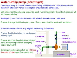 Water Lifting pump (Centrifugal)
Centrifugal pump should be selected considering its flow rate for particular head at its
maximum efficiency. Power consumption should also be considered.
Self primed centrifugal pump should be used. Pump installing by the side of reservoir will
not require priming.
Pump and motor shall be truly aligned horizontally or vertically.
Provide drainage facilities in pump room. Pump room shall be made well ventilated.
Provide short suction pipe with minimum
bend. Horizontal part shall be slightly
sloped downward.
Install pump on a massive base and use rubberized sheet under base plate.
Provide flexible joints both in suction and
delivery pipe.
Bending of suction pipe shall be 12 times
diameter of pipe apart from pump end.
VWLP
GATE VALVE
CHECK VALVE
FLEXIBLE CONNECTION
U.G. TANK WALL
PIPE SLEEVE
AdjustablePUMP BASE
STRAINER
450
900
 