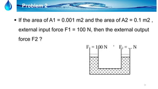 15
Problem 2
 If the area of A1 = 0.001 m2 and the area of A2 = 0.1 m2 ,
external input force F1 = 100 N, then the external output
force F2 ?
 