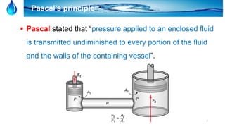 7
Pascal’s principle
 Pascal stated that “pressure applied to an enclosed fluid
is transmitted undiminished to every portion of the fluid
and the walls of the containing vessel”.
 
