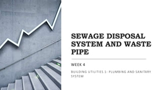 SEWAGE DISPOSAL
SYSTEM AND WASTE
PIPE
WEEK 4
BUILDING UTILITIES 1: PLUMBING AND SANITARY
SYSTEM
 