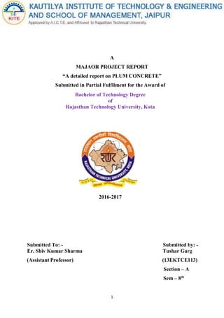 1
A
MAJAOR PROJECT REPORT
“A detailed report on PLUM CONCRETE”
Submitted in Partial Fulfilment for the Award of
Bachelor of Technology Degree
of
Rajasthan Technology University, Kota
2016-2017
Submitted To: - Submitted by: -
Er. Shiv Kumar Sharma Tushar Garg
(Assistant Professor) (13EKTCE113)
Section – A
Sem – 8th
 