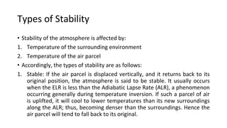 Types of Stability
• Stability of the atmosphere is affected by:
1. Temperature of the surrounding environment
2. Temperature of the air parcel
• Accordingly, the types of stability are as follows:
1. Stable: If the air parcel is displaced vertically, and it returns back to its
original position, the atmosphere is said to be stable. It usually occurs
when the ELR is less than the Adiabatic Lapse Rate (ALR), a phenomenon
occurring generally during temperature inversion. If such a parcel of air
is uplifted, it will cool to lower temperatures than its new surroundings
along the ALR; thus, becoming denser than the surroundings. Hence the
air parcel will tend to fall back to its original.
 
