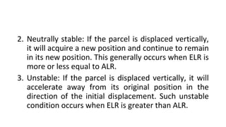 2. Neutrally stable: If the parcel is displaced vertically,
it will acquire a new position and continue to remain
in its new position. This generally occurs when ELR is
more or less equal to ALR.
3. Unstable: If the parcel is displaced vertically, it will
accelerate away from its original position in the
direction of the initial displacement. Such unstable
condition occurs when ELR is greater than ALR.
 