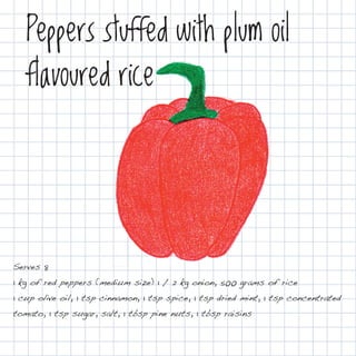 Peppers stuffed with plum oil
   flavoured rice




Serves 8
1 kg of red peppers (medium size) 1 / 2 kg onion, 500 grams of rice
1 cup olive oil, 1 tsp cinnamon, 1 tsp spice, 1 tsp dried mint, 1 tsp concentrated
tomato, 1 tsp sugar, salt, 1 tbsp pine nuts, 1 tbsp raisins
 