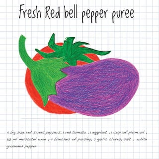Fresh Red bell pepper puree




4 big size red sweet peppers, 1 red tomato , 1 eggplant , 1 cup of plum oil ,
30 ml muscatel wine , 4 bunches of parsley, 2 garlic cloves, salt , white
grounded pepper
 