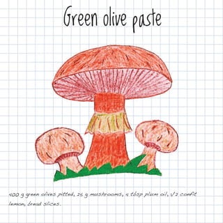 Green olive paste




400 g green olives pitted, 25 g mushrooms, 4 tbsp plum oil, 1/2 confit
lemon, bread slices.
 