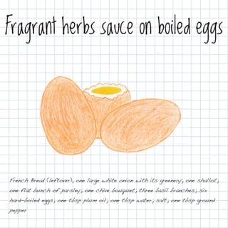 Fragrant herbs sauce on boiled eggs




French Bread (leftover), one large white onion with its greenery; one shallot;
one flat bunch of parsley; one chive bouquet; three basil branches; six
hard-boiled eggs; one tbsp plum oil; one tbsp water; salt; one tbsp ground
pepper
 