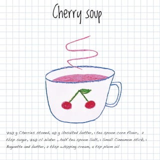 Cherry soup




750 g Cherries stoned, 40 g Unsalted butter, 1 tea spoon corn flour, 2
tbsp sugar, 750 cl Water , half tea spoon Salt, 1 Small Cinnamon stick, 1
Baguette and butter, 2 tbsp whipping cream, 4 tsp plum oil
 