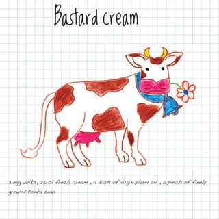 Bastard cream




3 egg yolks, 25 cl fresh cream , a dash of virgin plum oil , a pinch of finely
ground tonka bean
 