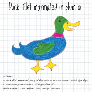 Duck filet marinated in plum oil




4 Serves:
16 duck filet denervated, 80 g of foie gras, 16 mi-cuit prunes pitted, ripe figs,
1 tablespoon prune cream, 10 cl virgin plum oil.
lettuce leaves, 2 raw endives, salt, cherry tomatoes
 