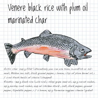 Venere black rice with plum oil
   marinated char




Arctic char: 250 g fillet (alternatively you can use tuna, swordfish or sal-
mon), Maldon sea salt, black ground pepper, 1 lemon, 1 tsp of plum kernel oil, 1
/ 2 vol fresh herbs of choice (chopped)
Risotto : 180 g black rice (wild rice), 1 tbsp grape seed oil, 50 g carrot cubes,
50 g parsley root cubes, 550 ml chicken stock , salt, black pepper, ground
pepper, Espelette pepper, 1 / 2 lemon, 30 g Parmesan reggiano cheese (grated)
 