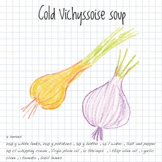 Cold Vichyssoise soup




4 serves
250 g white leeks, 250 g potatoes , 50 g butter , 1,5 l water , Salt and pepper
20 cl whipping cream , Virgin plum oil , 12 Shrimps , 1 tbsp olive oil , 1 garlic
clove , 1 tomato , basil leaves
 