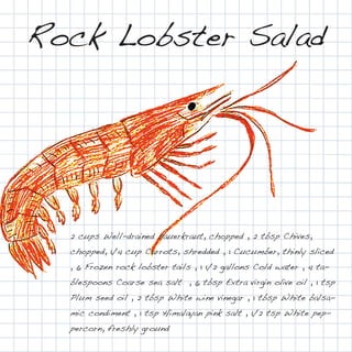 Rock Lobster Salad




  2 cups Well-drained sauerkraut, chopped , 2 tbsp Chives,
  chopped, 1/4 cup Carrots, shredded , 1 Cucumber, thinly sliced
  , 6 Frozen rock lobster tails , 1 1/2 gallons Cold water , 4 ta-
  blespoons Coarse sea salt , 6 tbsp Extra virgin olive oil , 1 tsp
  Plum seed oil , 2 tbsp White wine vinegar , 1 tbsp White balsa-
  mic condiment , 1 tsp Himalayan pink salt , 1/2 tsp White pep-
  percorn, freshly ground
 
