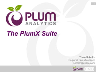 1
The PlumX Suite
Tiaan Scholtz
Regional Sales Manager
tscholtz@ebsco.com
 