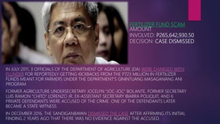FERTILIZER FUND SCAM
AMOUNT
INVOLVED: P265,642,930.50
DECISION: CASE DISMISSED
IN JULY 2011, 3 OFFICIALS OF THE DEPARTMENT OF AGRICULTURE (DA) WERE CHARGED WITH
PLUNDER FOR REPORTEDLY GETTING KICKBACKS FROM THE P723 MILLION IN FERTILIZER
FUNDS MEANT FOR FARMERS UNDER THE DEPARTMENT'S GININTUANG MASAGANANG ANI
PROGRAM.
FORMER AGRICULTURE UNDERSECRETARY JOCELYN "JOC-JOC" BOLANTE, FORMER SECRETARY
LUIS RAMON "CHITO" LORENZO JR, EX-ASSISTANT SECRETARY IBARRA POLIQUIT, AND 6
PRIVATE DEFENDANTS WERE ACCUSED OF THE CRIME. ONE OF THE DEFENDANTS LATER
BECAME A STATE WITNESS.
IN DECEMBER 2016, THE SANDIGANBAYAN DISMISSED THE CASE AFTER AFFIRMING ITS INITIAL
FINDING 2 YEARS AGO THAT THERE WAS NO EVIDENCE AGAINST THE ACCUSED.
 