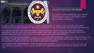 TAX CREDIT CERTIFICATES SCAM
AMOUNT INVOLVED: P73,762,618
DECISION: CASE DISMISSED, BUT MANY
DEFENDANTS FACED MULTIPLE GRAFT
AND ESTAFA CHARGES
IN MARCH 2009, A PLUNDER CASE WAS FILED AGAINST DEPARTMENT OF FINANCE (DOF) OFFICIALS WHO WERE
INVOLVED IN THE ILLEGAL ISSUANCE OF TAX CREDIT CERTIFICATES TO AN UNQUALIFIED FIRM BETWEEN 1994 AND 1996.
THE CASE WAS AGAINST DOF UNDERSECRETARY ANTONIO BELICENA, DEPUTY EXECUTIVE DIRECTOR ULDARICO
ANDUTAN OF THE DOF-ONE STOP SHOP INTER-AGENCY TAX CREDIT AND DUTY DRAWBACK CENTER, TWO OTHER
FINANCE EMPLOYEES, AND 4 EXECUTIVES OF FILSTAR TEXTILE INDUSTRIAL CORPORATION.
IN MARCH 2011, THE SANDIGANBAYAN DISMISSED THE CASE FOR LACK OF PROBABLE CAUSE. BUT IN RECENT YEARS, THE
ANTI-GRAFT COURT MADE RULINGS IN SEPARATE BUT RELATED GRAFT AND ESTAFA CASES AGAINST SOME OF THESE
RESPONDENTS, AS WELL AS OFFICIALS OF OTHER UNQUALIFIED COMPANIES.
FOR INSTANCE, THE SANDIGANBAYAN FOUND ANDUTAN AND 5 OTHERS GUILTY OF MULTIPLE COUNTS OF GRAFT IN
JUNE 2016. BUT IT REVERSED ITS DECISION IN JANUARY 2017 AMID NEW EVIDENCE THAT PROVED CRUCIAL TO THAT
CASE.
 