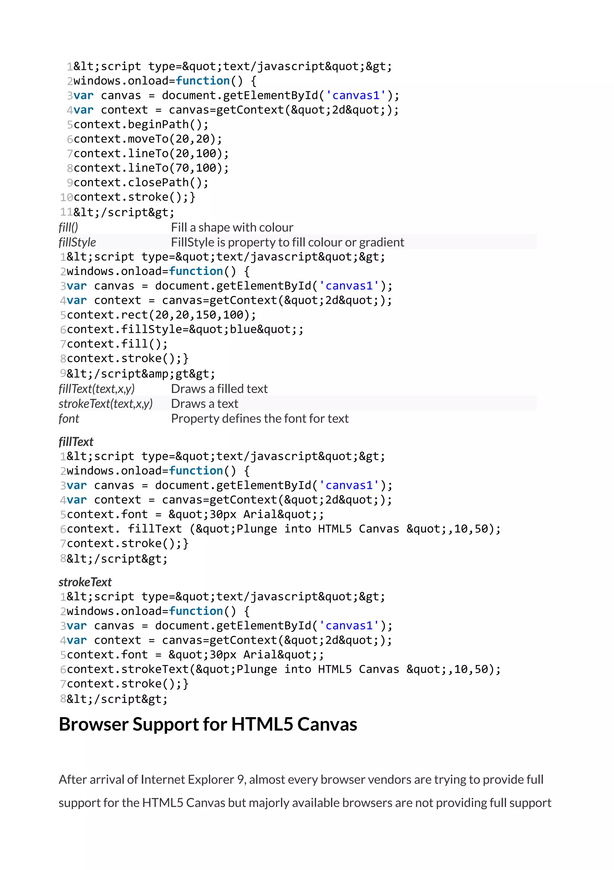 1
2
3
4
5
6
7
8
9
10
11
&lt;script type=&quot;text/javascript&quot;&gt;
windows.onload=function() {
var canvas = document.getElementById('canvas1');
var context = canvas=getContext(&quot;2d&quot;);
context.beginPath();
context.moveTo(20,20);
context.lineTo(20,100);
context.lineTo(70,100);
context.closePath();
context.stroke();}
&lt;/script&gt;
fill() Fill a shape with colour
fillStyle FillStyle is property to fill colour or gradient
1
2
3
4
5
6
7
8
9
&lt;script type=&quot;text/javascript&quot;&gt;
windows.onload=function() {
var canvas = document.getElementById('canvas1');
var context = canvas=getContext(&quot;2d&quot;);
context.rect(20,20,150,100);
context.fillStyle=&quot;blue&quot;;
context.fill();
context.stroke();}
&lt;/script&amp;gt&gt;
fillText(text,x,y) Draws a filled text
strokeText(text,x,y) Draws a text
font Property defines the font for text
fillText
1
2
3
4
5
6
7
8
&lt;script type=&quot;text/javascript&quot;&gt;
windows.onload=function() {
var canvas = document.getElementById('canvas1');
var context = canvas=getContext(&quot;2d&quot;);
context.font = &quot;30px Arial&quot;;
context. fillText (&quot;Plunge into HTML5 Canvas &quot;,10,50);
context.stroke();}
&lt;/script&gt;
strokeText
1
2
3
4
5
6
7
8
&lt;script type=&quot;text/javascript&quot;&gt;
windows.onload=function() {
var canvas = document.getElementById('canvas1');
var context = canvas=getContext(&quot;2d&quot;);
context.font = &quot;30px Arial&quot;;
context.strokeText(&quot;Plunge into HTML5 Canvas &quot;,10,50);
context.stroke();}
&lt;/script&gt;
Browser Support for HTML5 Canvas
After arrival of Internet Explorer 9, almost every browser vendors are trying to provide full
support for the HTML5 Canvas but majorly available browsers are not providing full support
 