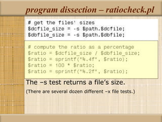 program dissection – ratiocheck.pl The –s test returns a file’s size. (There are several dozen different –x file tests.) 