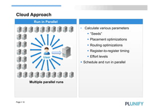 Cloud Approach
               Run in Parallel
                                      •  Calculate various parameters
                                          §  “Seeds”
                                          §  Placement optimizations
                                          §  Routing optimizations
                                          §  Register-to-register timing
                                          §  Effort levels
                                      §  Schedule and run in parallel




             Multiple parallel runs




Page § 10
 
