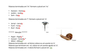 Palavras terminadas em ‘m’: formam o plural em ‘ns’
• Homem – Homens
• Jardim – Jardins
• Som – Sons
Palavras terminadas em ‘l’: formam o plural em ‘is’
• Jornal – Jornais
• Funil – Funis
• Azul – Azuis
****** Atenção ******
• Papel – Papéis *
• Caracol – Caracóis *
• Difícil – Difíceis*
Palavras terminadas em –el tónico coloca-se um acento no ‘e’.
Palavras que terminam em –ol, coloca-se um acento agudo no ‘o’.
Palavras terminadas em –il átono formam o plural em -eis
O caracol
O funil
 